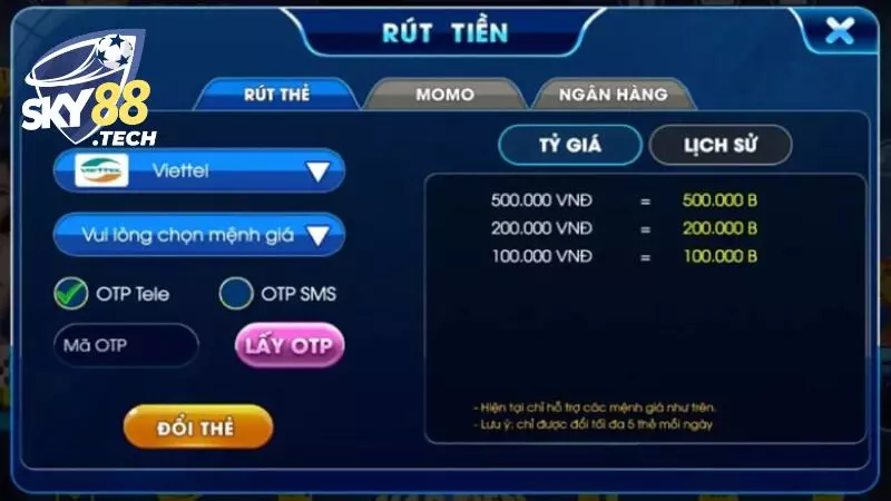 Click chọn danh mục rút tiền SKY88