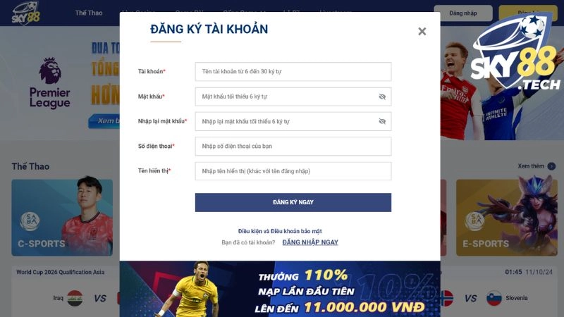 Điền đầy đủ form đăng ký SKY88