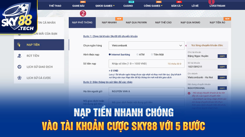 Nạp tiền nhanh chóng vào tài khoản cược SKY88 với 5 bước