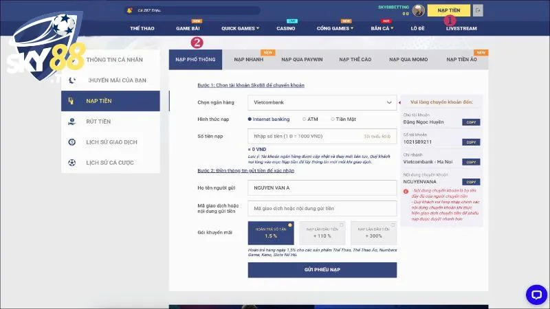 Tạo lệnh nạp tiền SKY88 theo mẫu